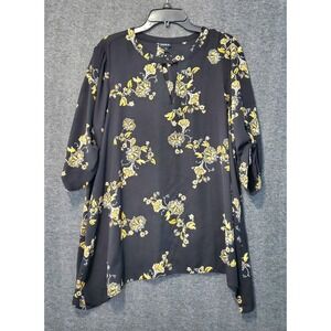 Torrid Blouse Womens 1X Sheer Black & Yellow Floral Tie Back Sleeve Fairycore
